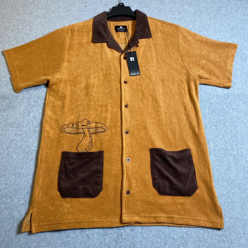 Standard‎ Issue Terry Cloth Camp Shirt Women Small Tan Mushroom Embroidered Boho